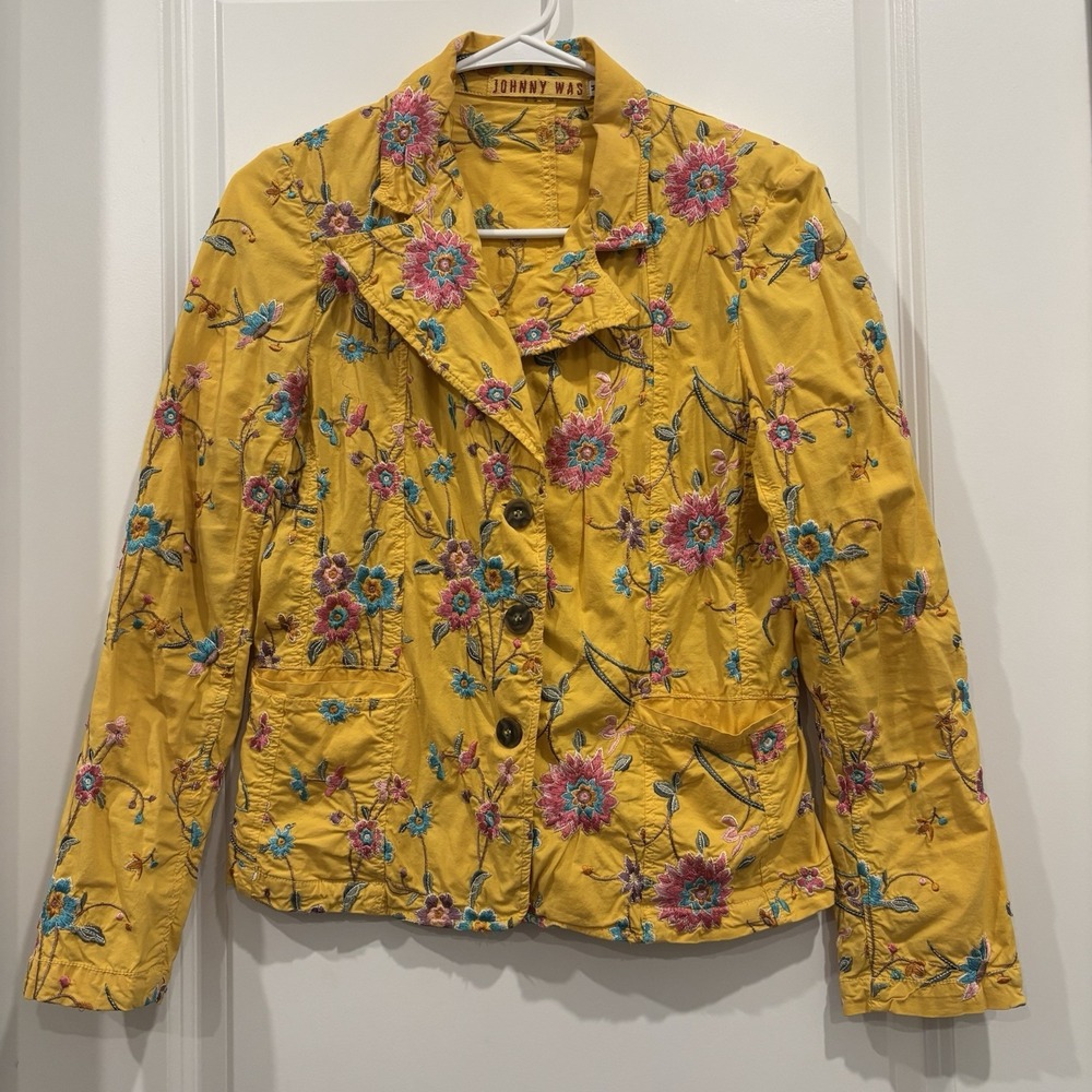 Johnny Was Yellow Floral Embroidered Jacket Blazer Pockets Medium